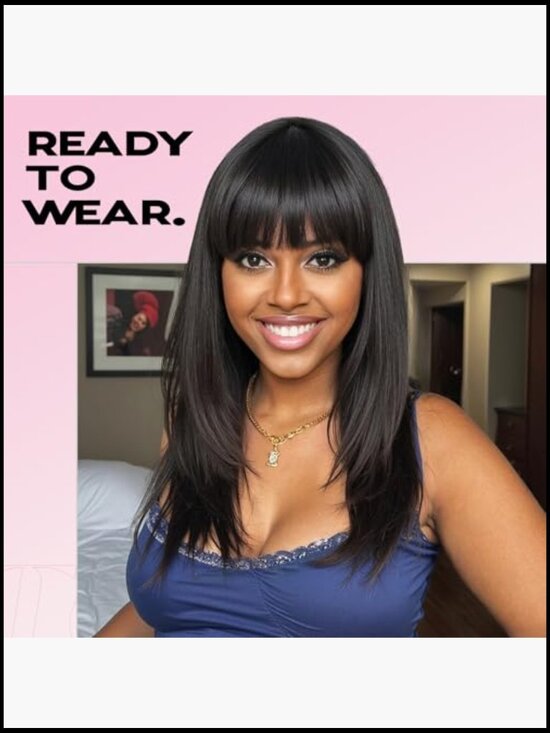 Natural Black Wig with Bangs Straight Layered Heat Resistant Shoulder Length main image 6